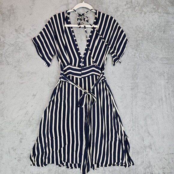 Faithfull The Brand Milan Striped Midi Dress Womens XS Navy Cream Rayon V-Neck - Picture 2 of 9
